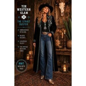 Crazy Train The Strait Y2K Long Line Velvet Western Glam Duster NWT